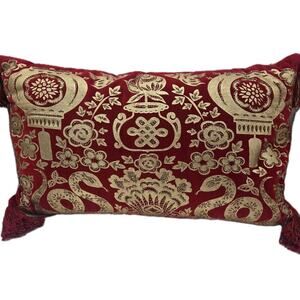 Asian Lantern Snake Lumbar Pillow Tassels Beaded Metallic Gold Red Velvet 14x24"